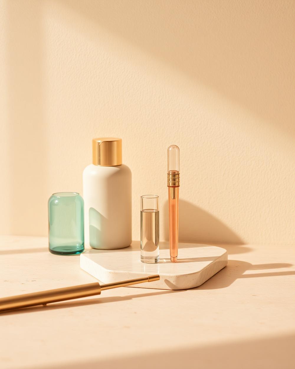 Materiais e instrumentos de clínica de estética sobre superfície bege